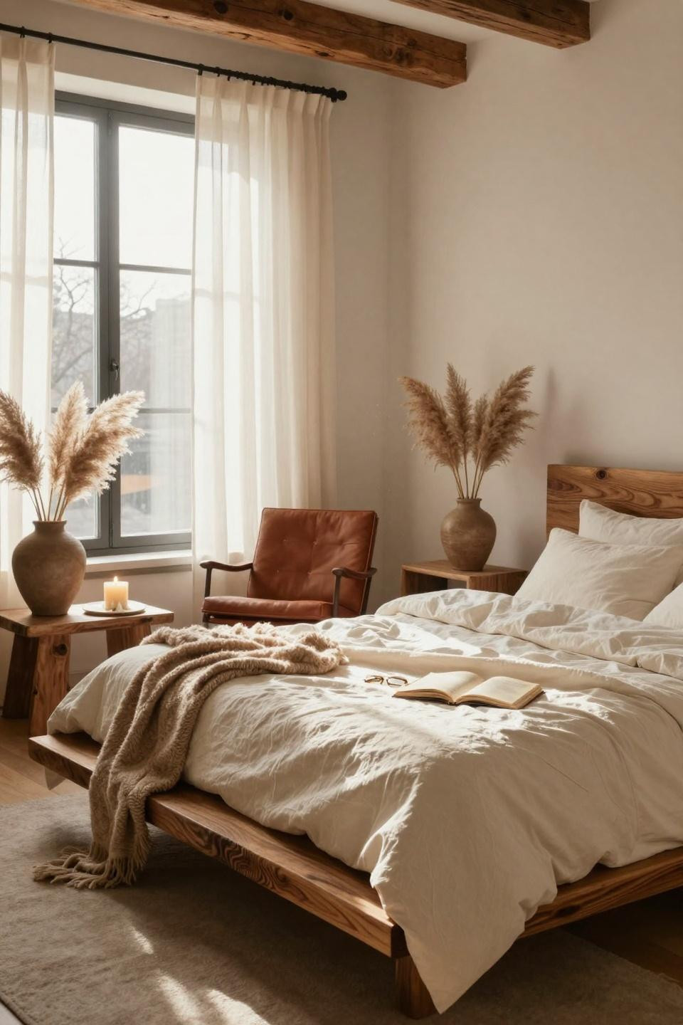 Earthy bedroom with low bed and leather reading chair