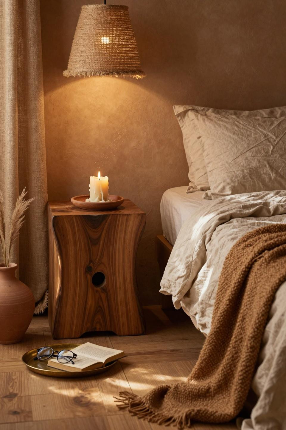 Earthy bedroom with carved walnut furniture and candles