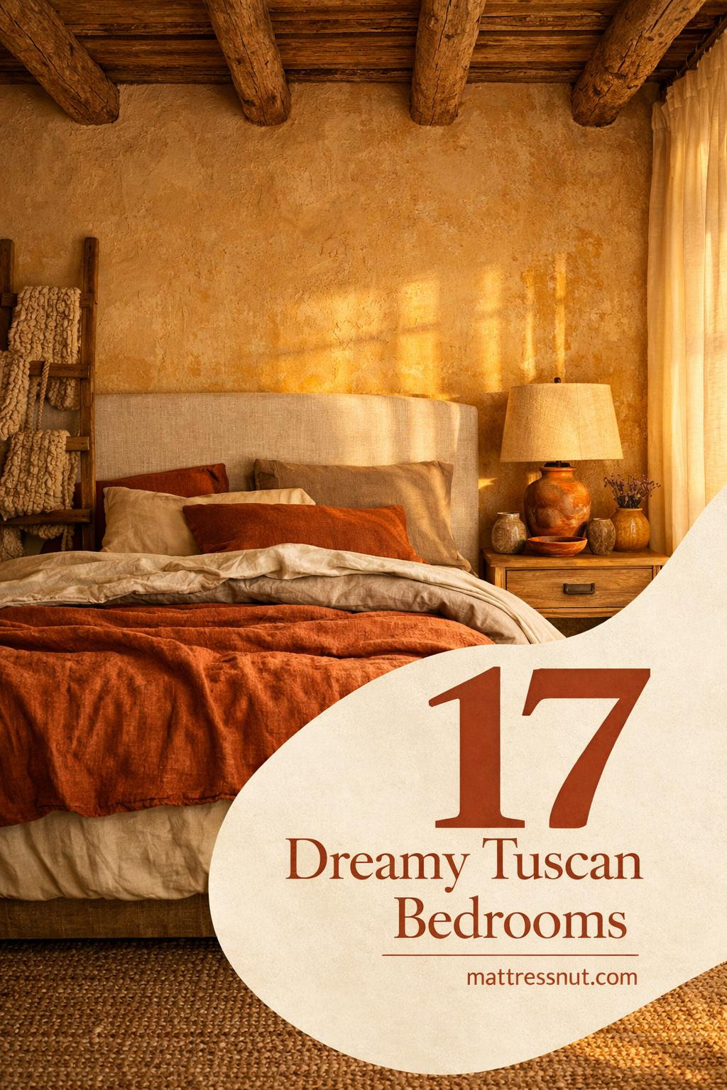 Bedroom featuring terracotta walls, linen bedding, wooden furniture, woven baskets, and natural fiber rugs in warm earth tones