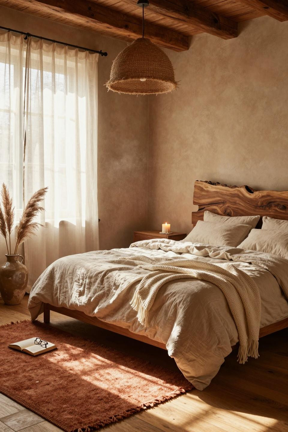 Earthy bedroom with afternoon light and linen bedding