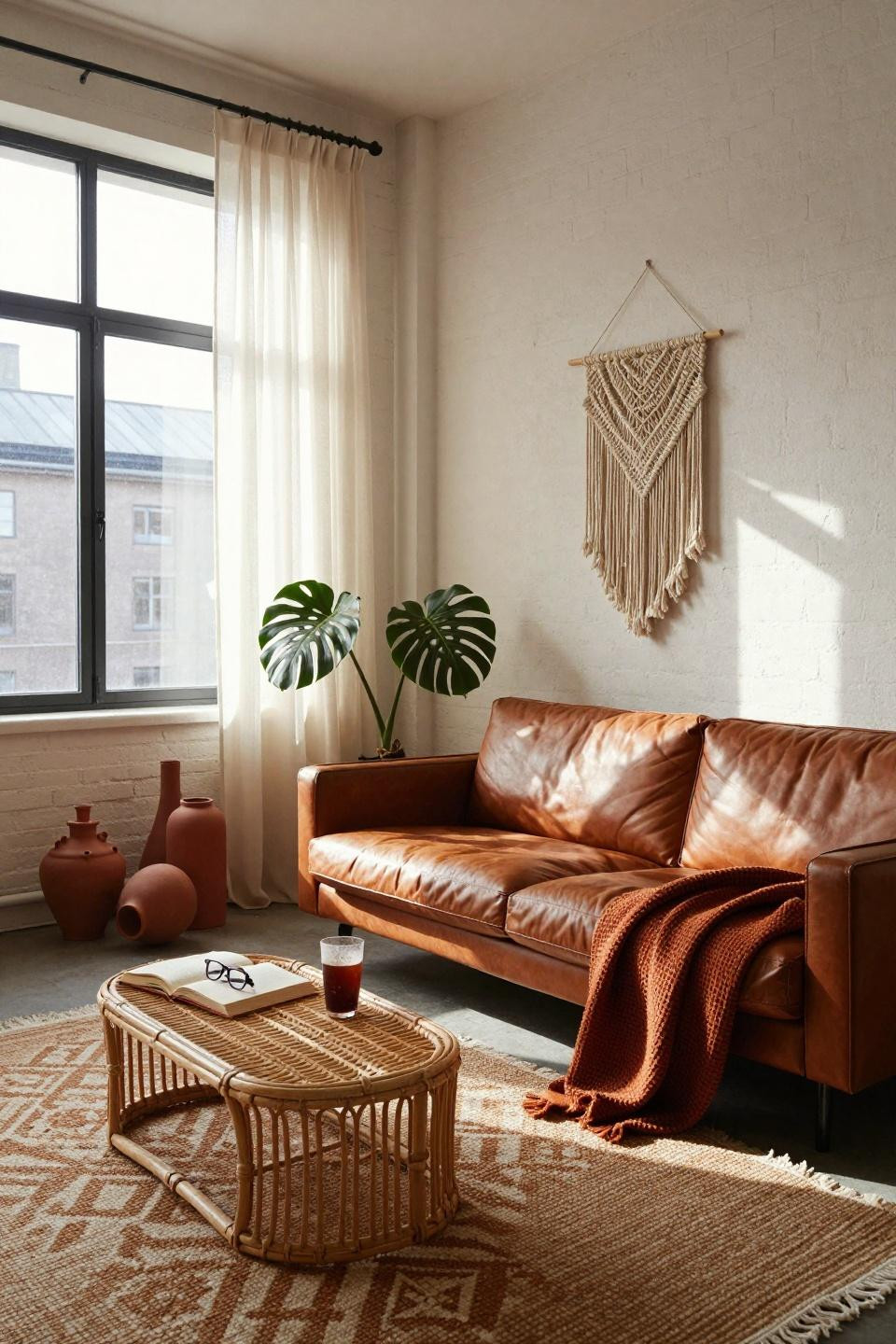 Earthy Boho Living Room with whitewashed brick and cognac leather