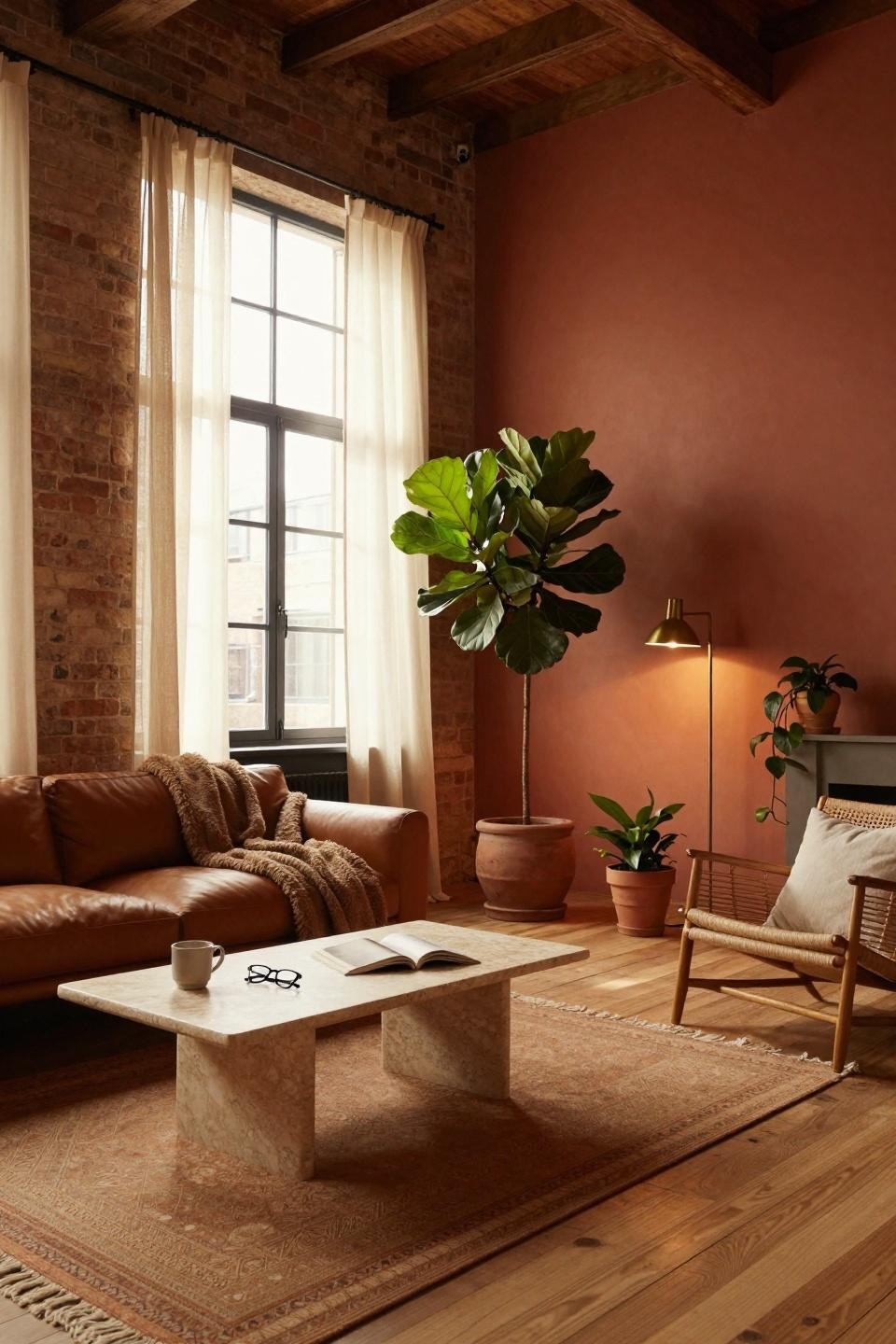 Earthy Boho Living Room with terracotta plaster and camel leather sofa