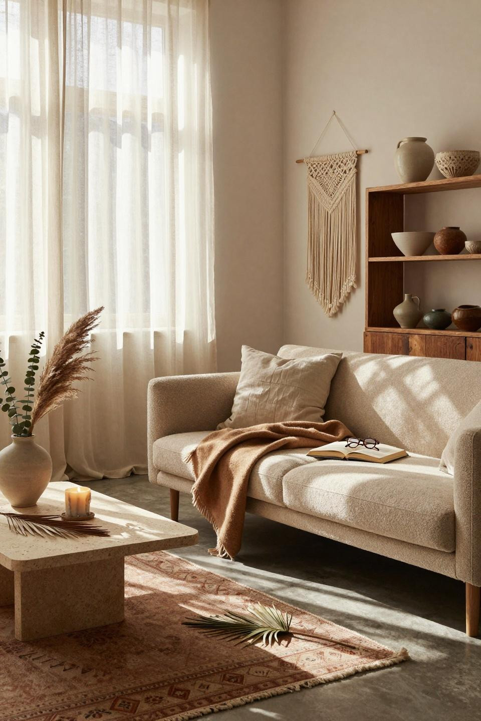 Earthy Boho Living Room with Scandinavian minimalist elements