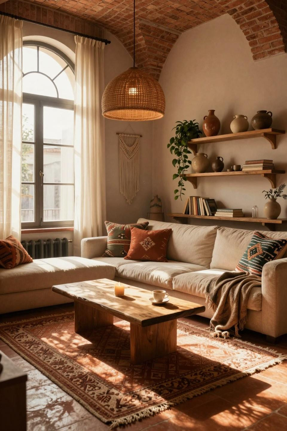 Earthy Boho Living Room in Barcelona loft with arched windows