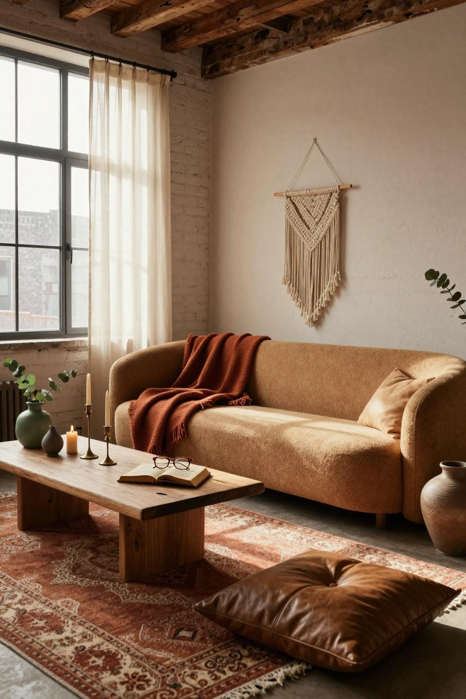 Earthy Boho Living Room with curved bouclé sofa and terracotta wall