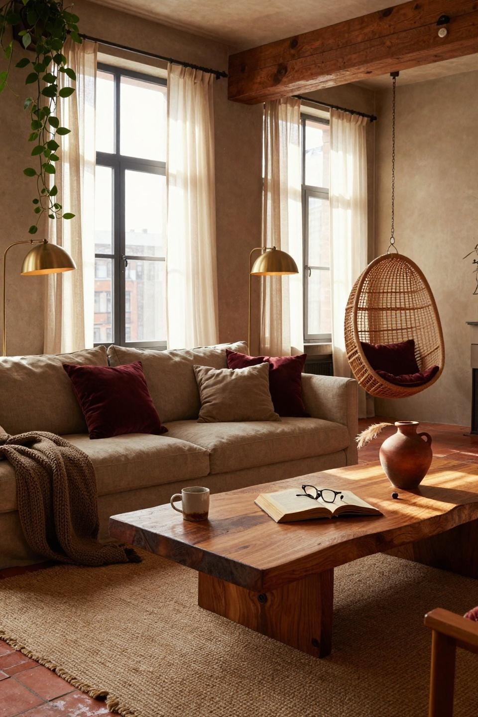 Earthy Boho Living Room with low-slung linen sofa and rattan hanging chair