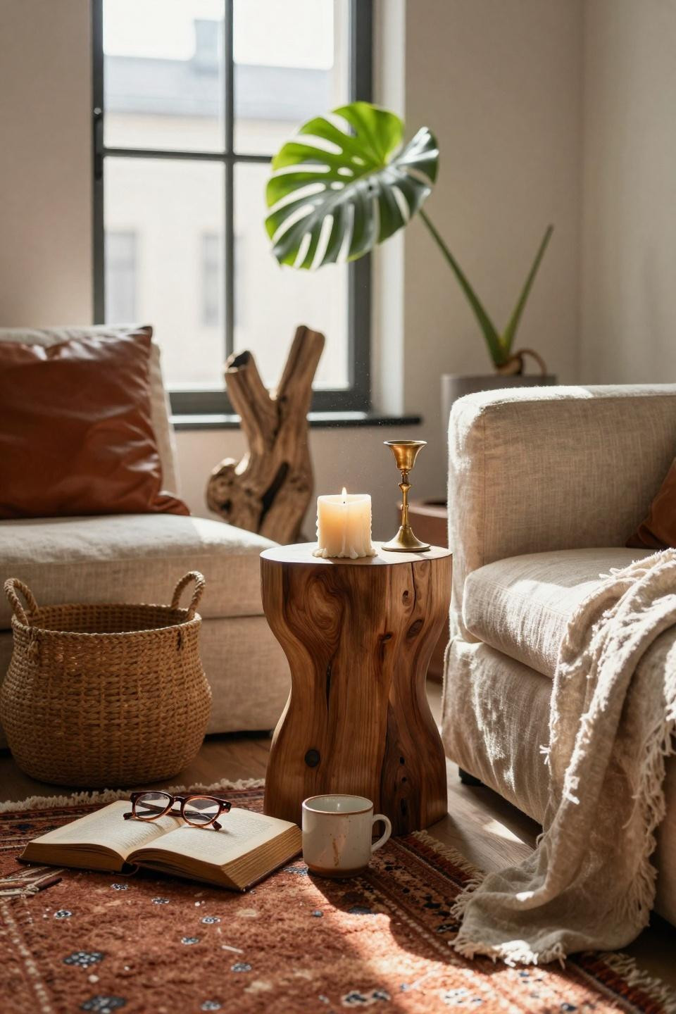 Earthy Boho Living Room close-up of teak side table and kilim rug