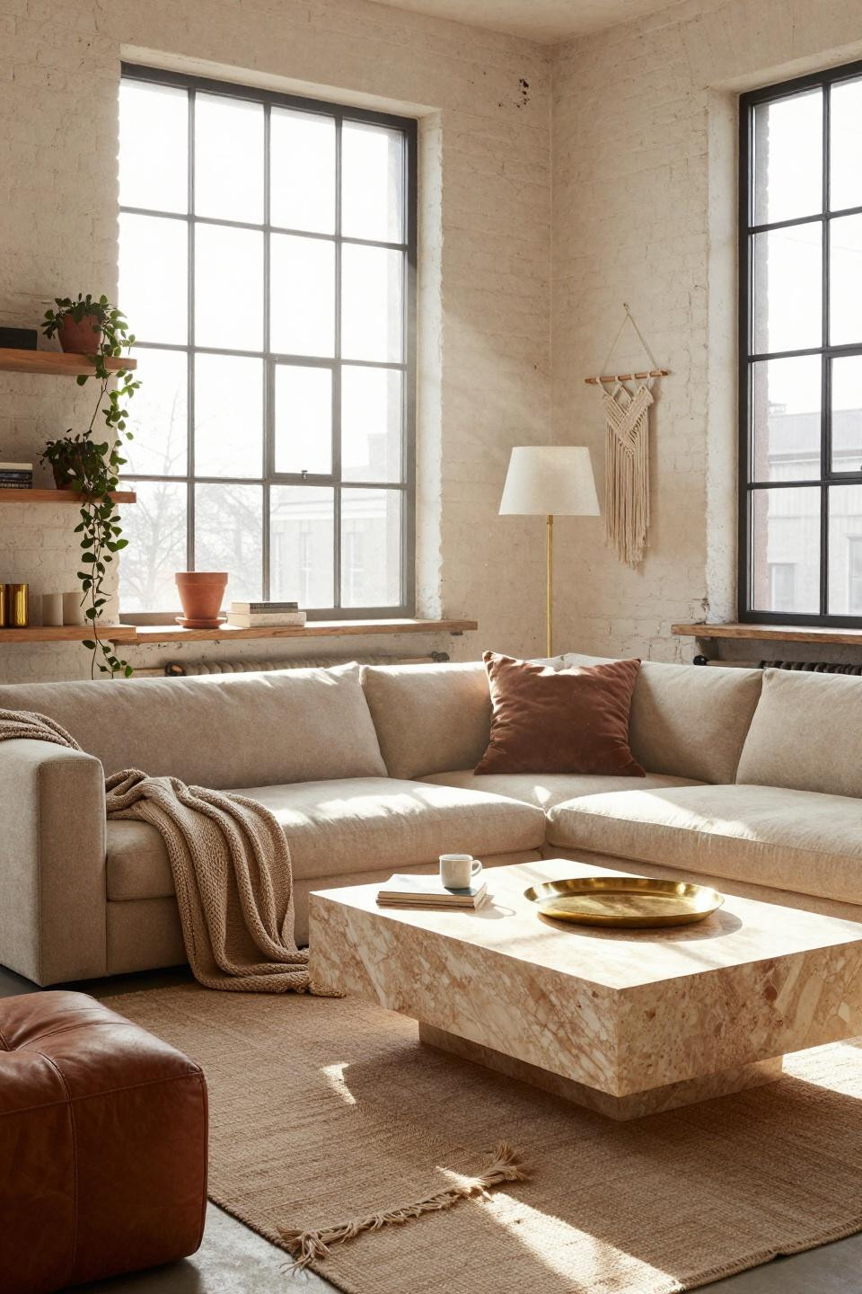 Earthy Boho Living Room bathed in golden hour light