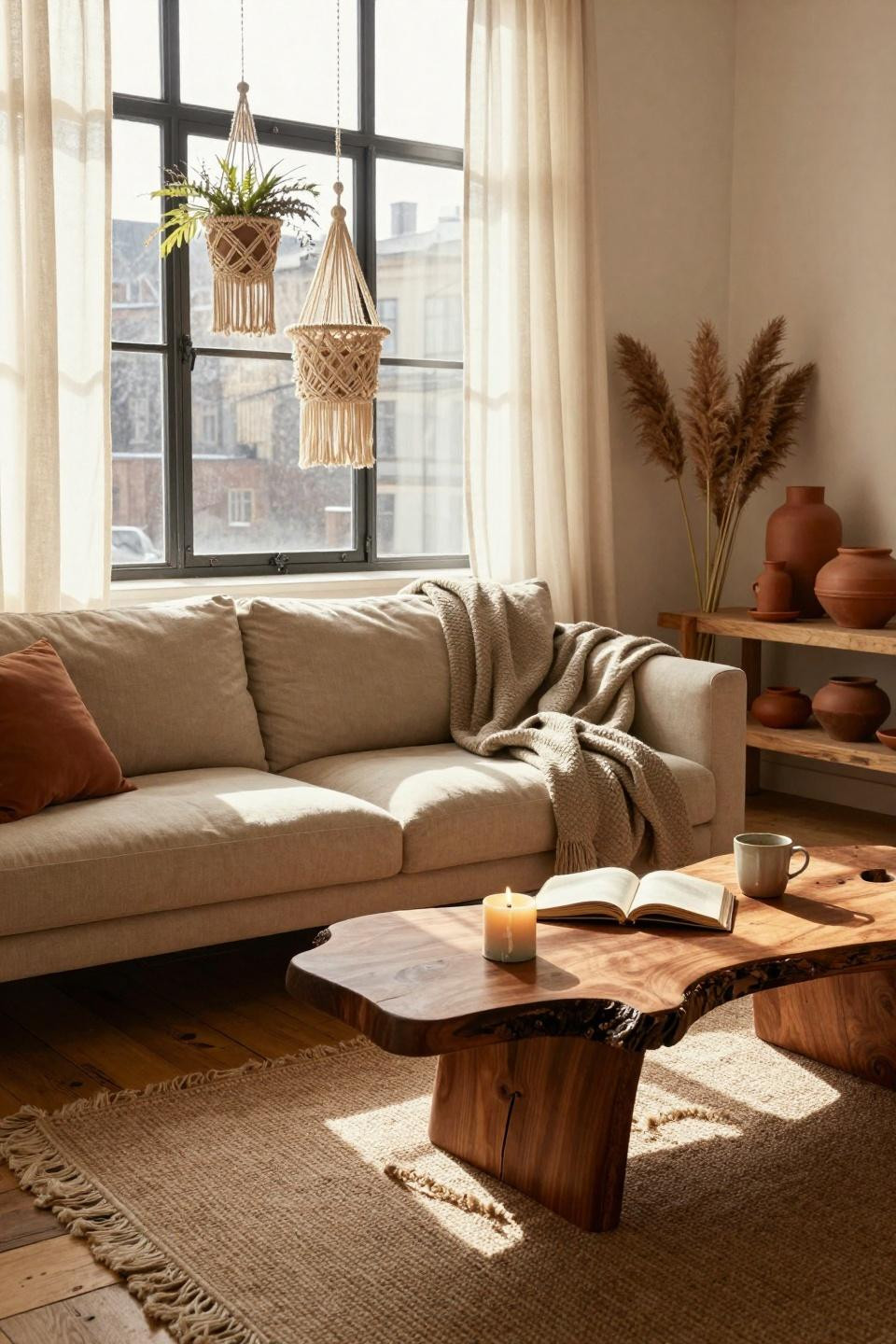 Earthy Boho Living Room with reclaimed oak and jute rug