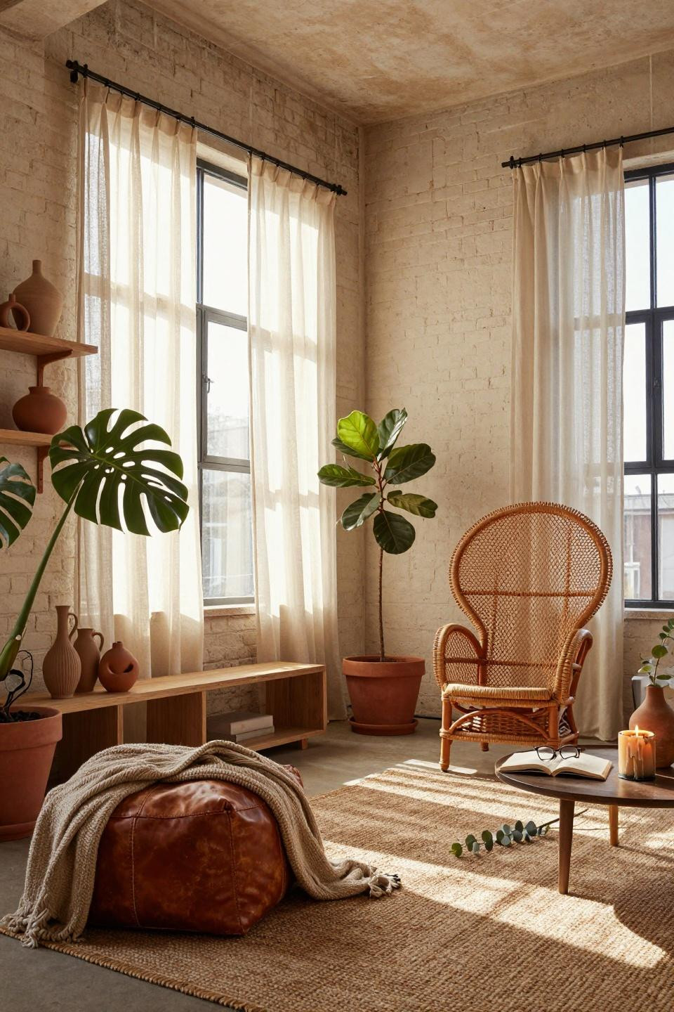 Earthy Boho Living Room featuring rattan peacock chair and textured textiles