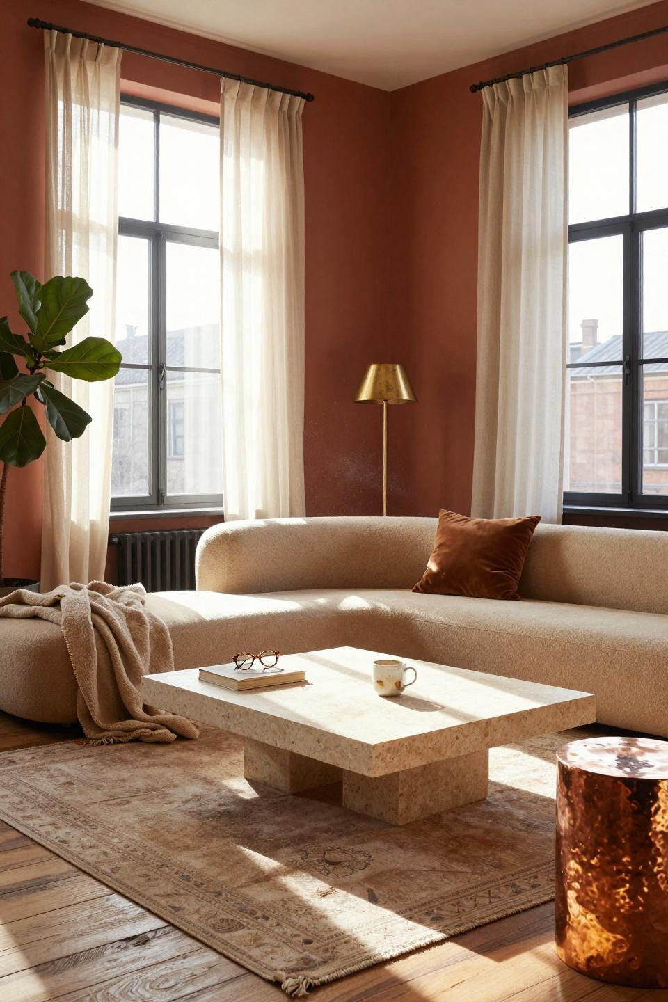 Earthy Boho Living Room in converted warehouse with curved sofa