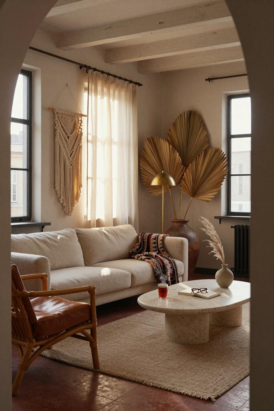 Earthy Boho Living Room with warm terracotta walls and natural linen curtains