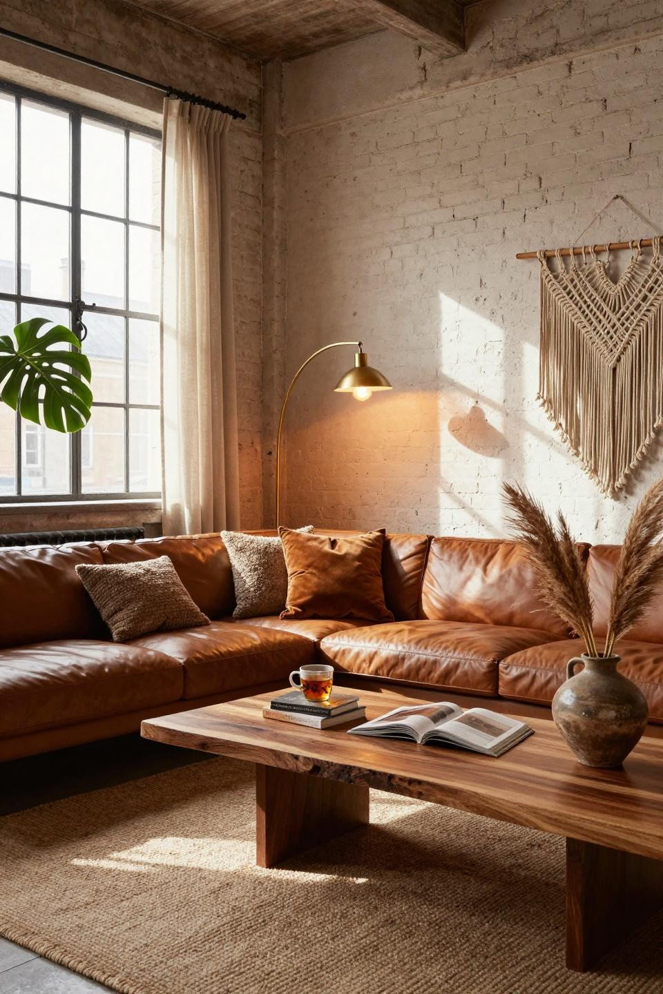 Earthy Boho Living Room with camel leather and terracotta walls