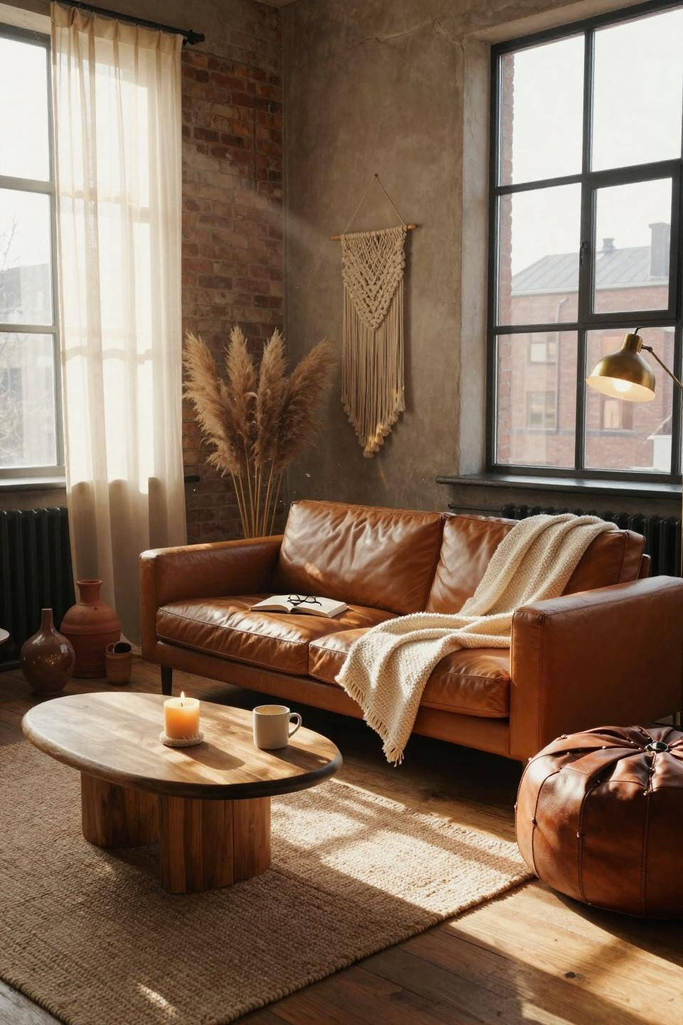 Earthy Boho Living Room with golden terracotta sofa and brass details
