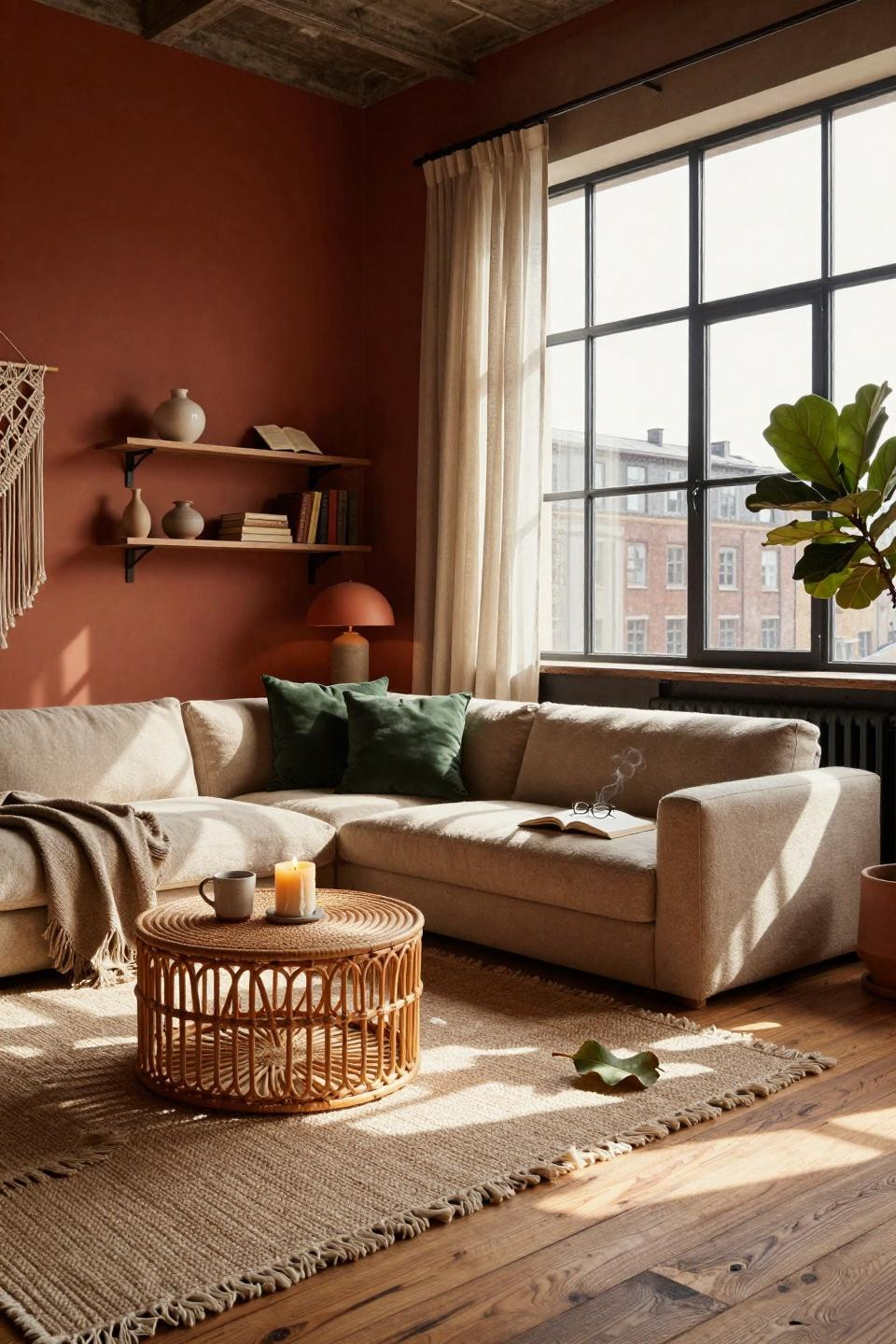 Earthy Boho Living Room with walnut shelves and ceramics display