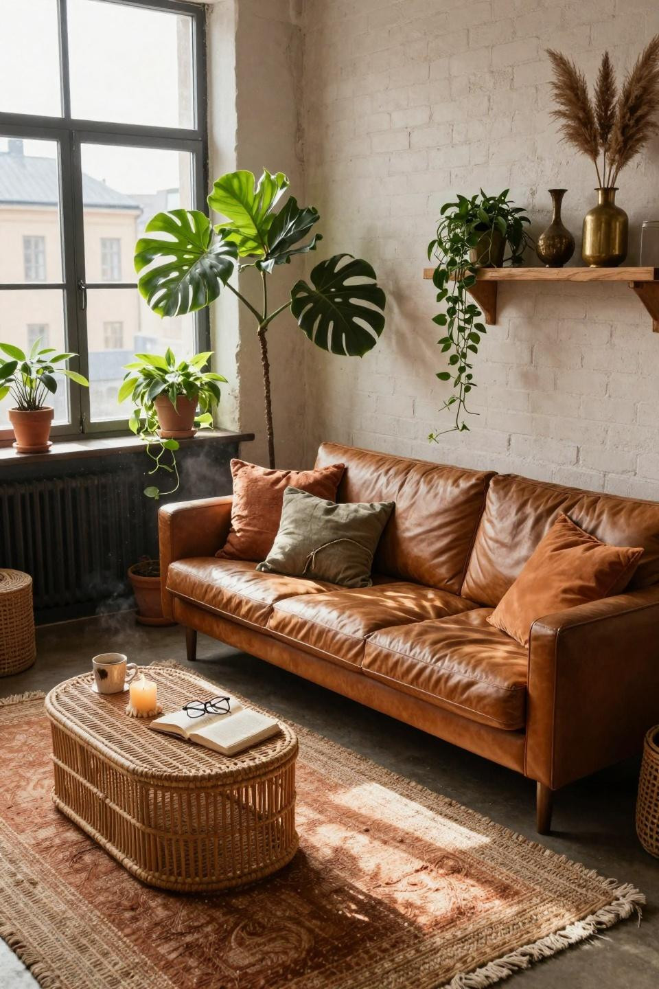 Earthy Boho Living Room overhead view of layered rugs and textures