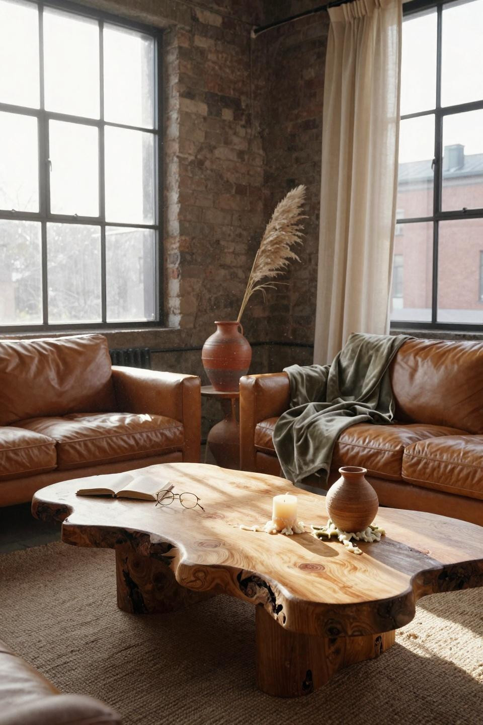 Earthy Boho Living Room with cognac leather and industrial windows