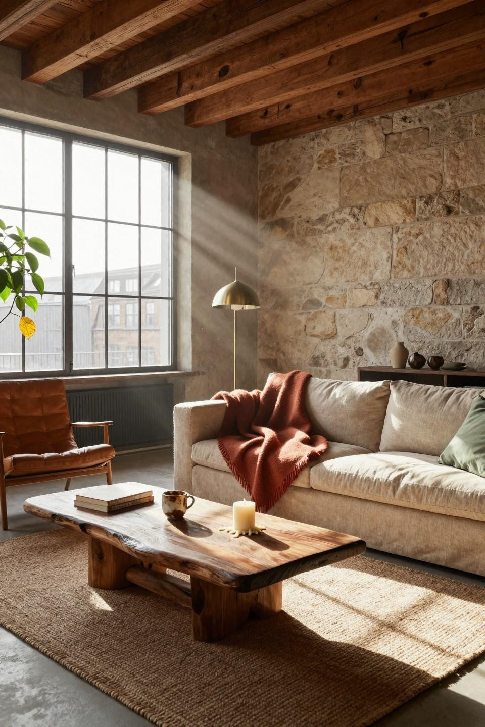 Earthy Boho Living Room featuring honey oak beams and driftwood table