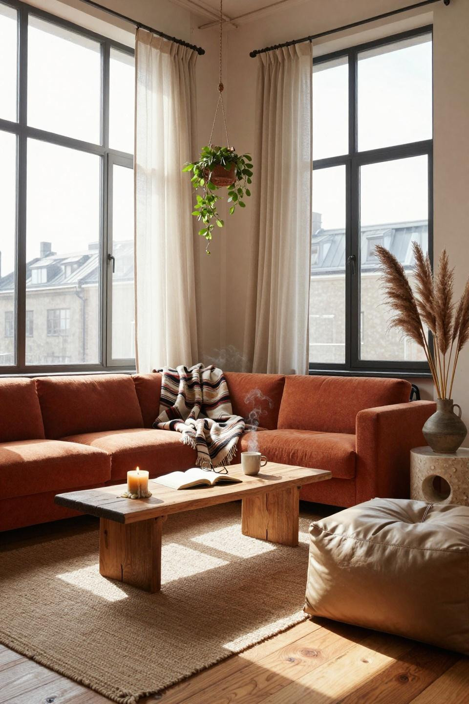 Earthy Boho Living Room with honey oak floors and rust bouclé sofa