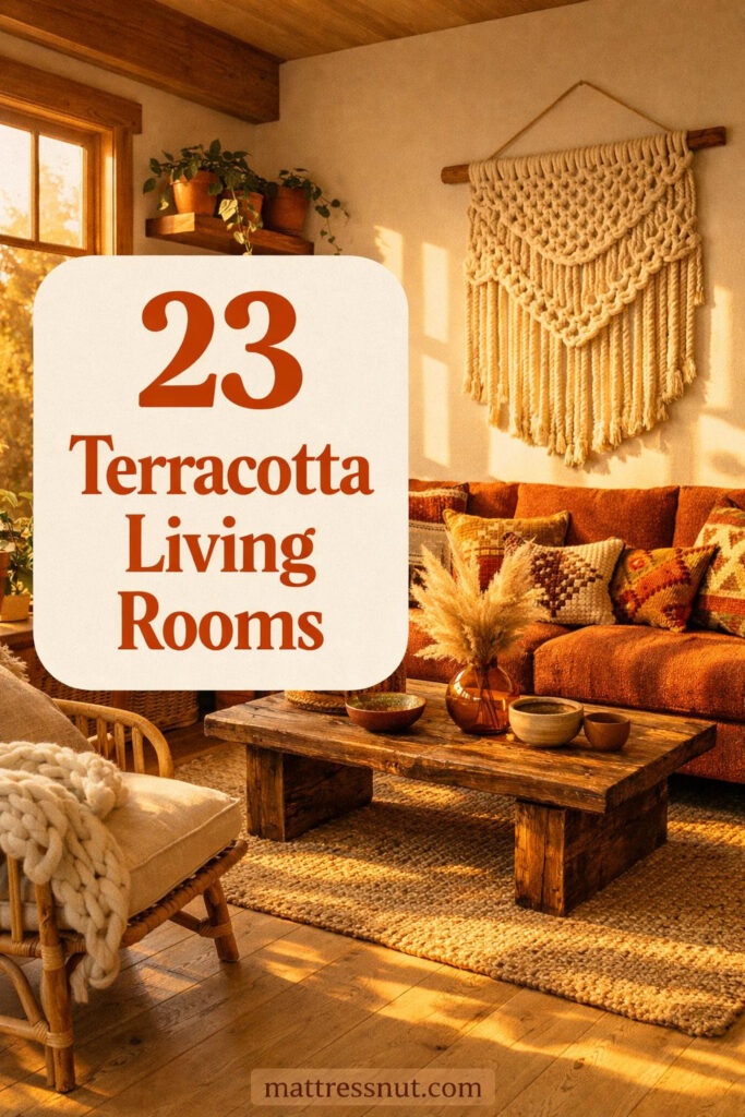 Warm boho living room featuring a terracotta curved sofa, woven wall hangings, potted plants, and natural wood furniture