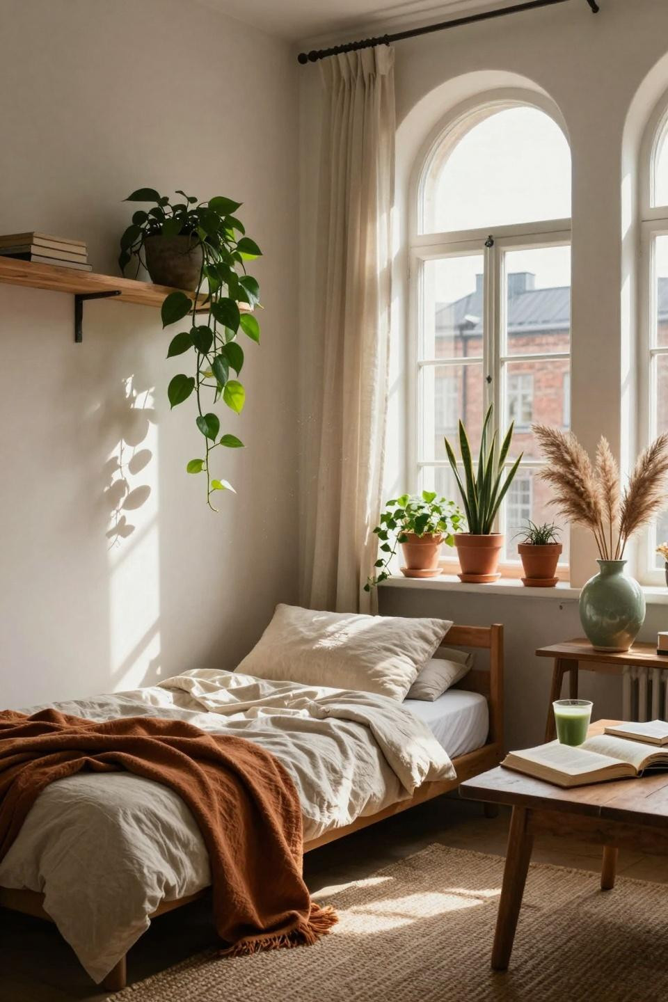 Earthy dorm room with cascading pothos and arched windows