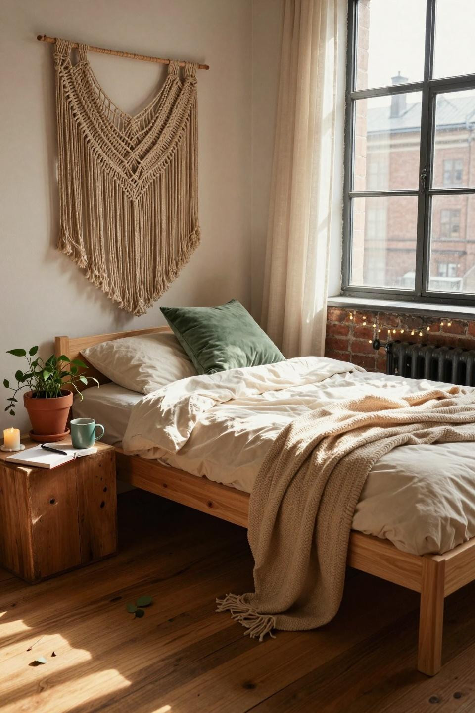 Earthy dorm room with sage velvet pillow and oak floors