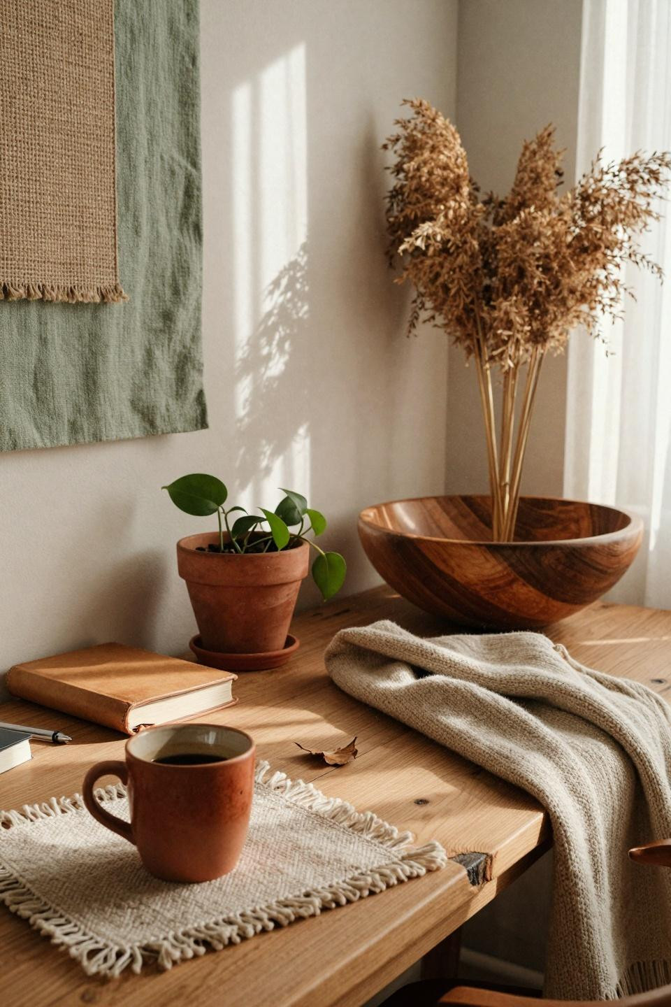 Earthy dorm room desk with terracotta mug and trailing pothos