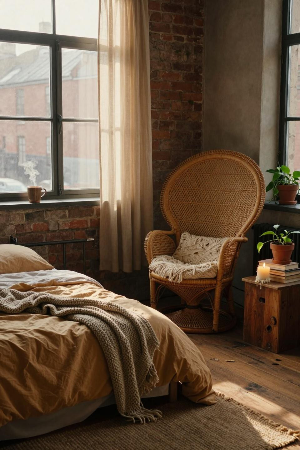 Earthy dorm room with rattan peacock chair and terracotta duvet