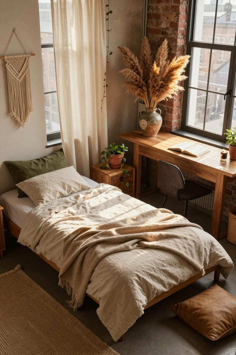 Earthy dorm room with olive green accents and afternoon light
