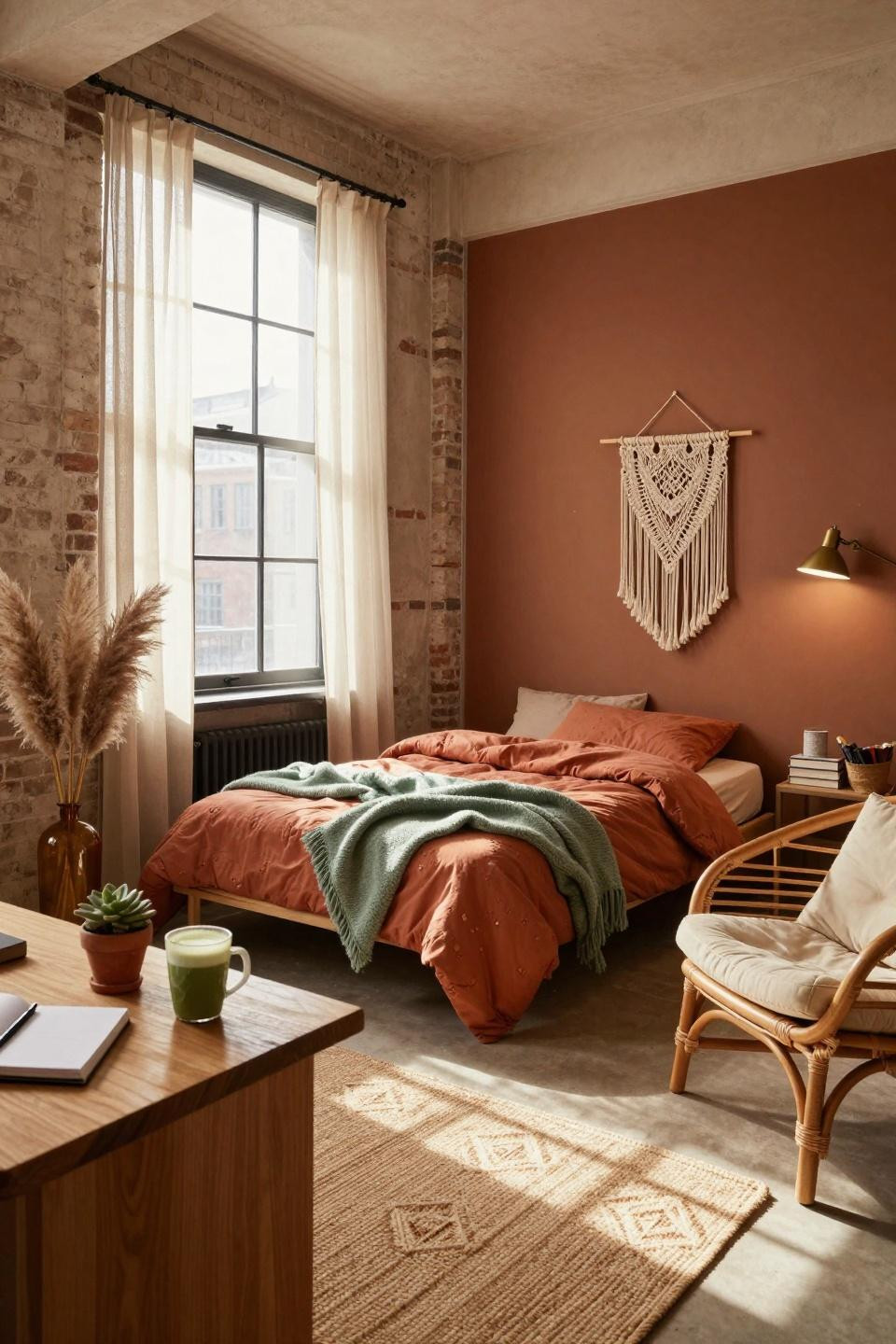 Earthy dorm room with terracotta bedding and industrial windows