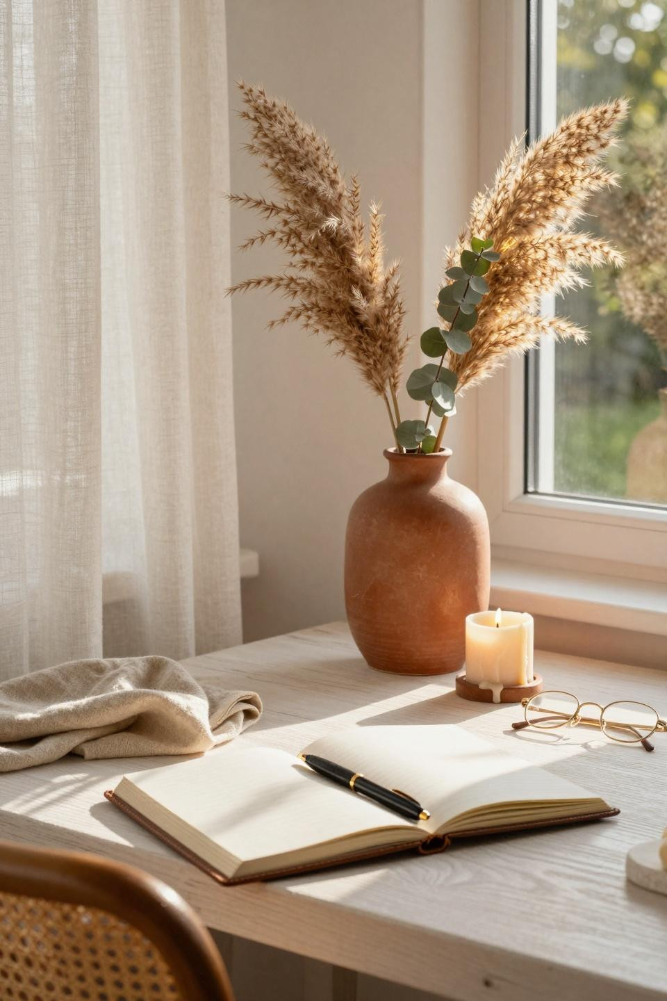 Earthy dorm room with terracotta vase and dried pampas grass