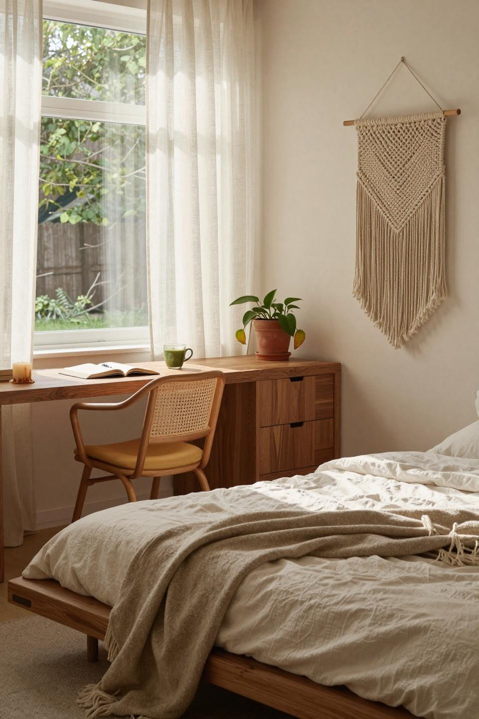 Earthy dorm room with honey oak desk and ivory bedding