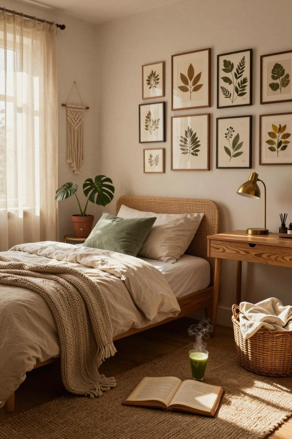 Earthy dorm room with jute rug and oatmeal duvet