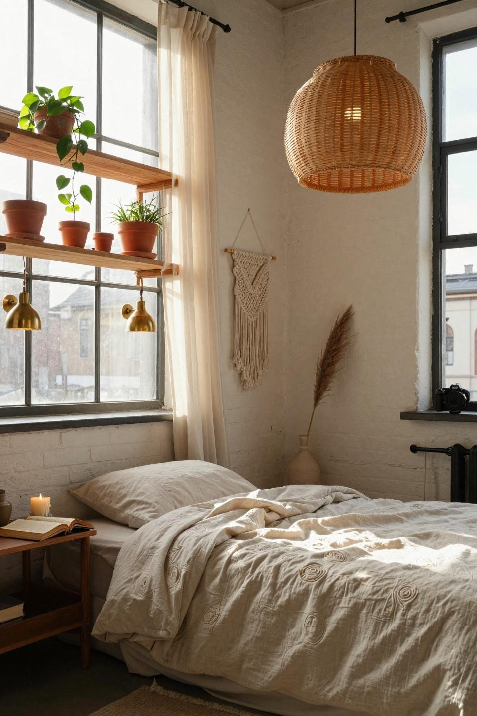 Earthy dorm room with rattan pendant light and sage green accents