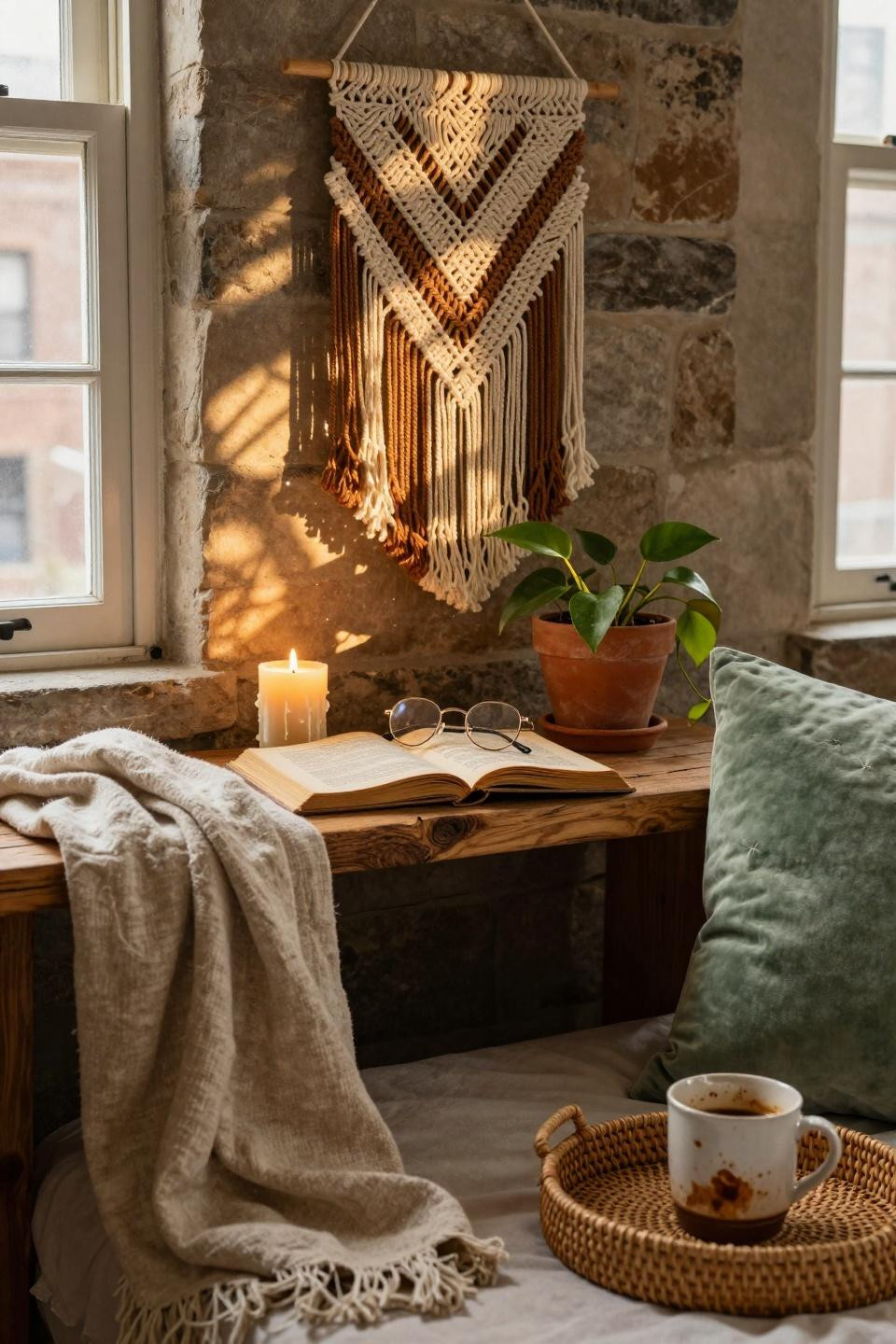 Earthy dorm room corner with macramé and ceramic mug