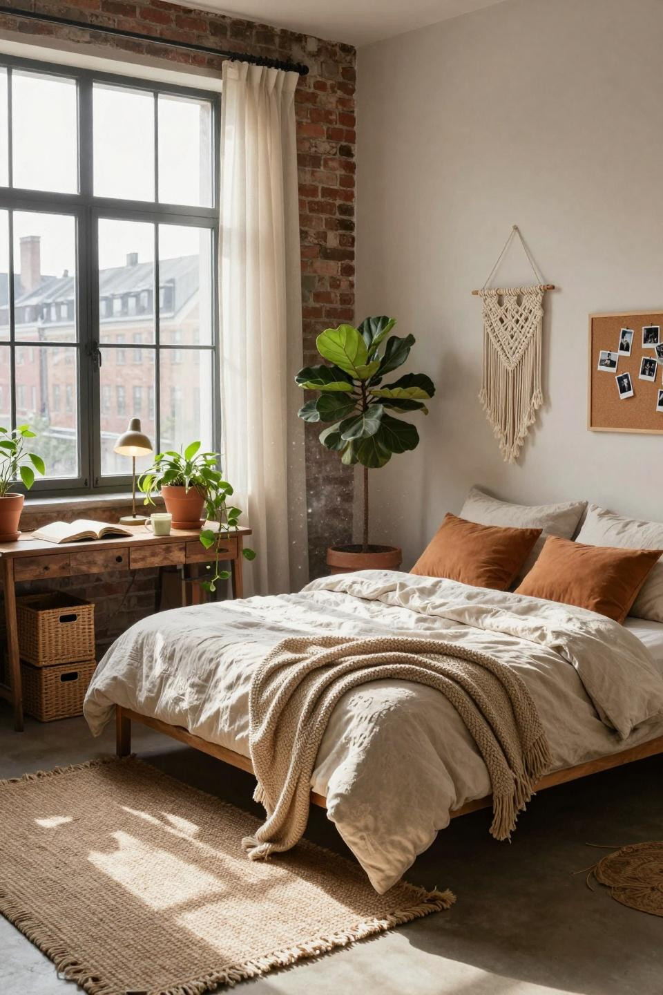 Earthy dorm room with terracotta planters and exposed brick