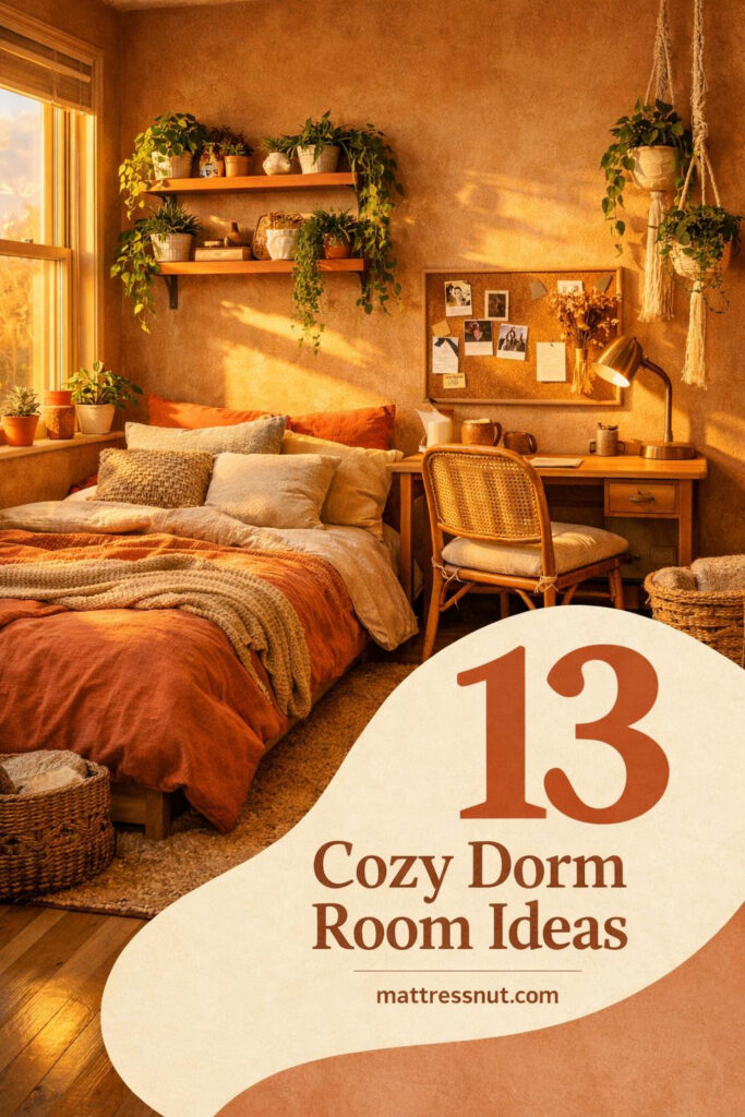 Warm dorm space featuring terracotta pots with trailing greenery, woven textures, wood furniture, and natural sunlight