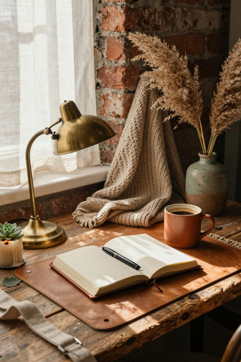 Earthy dorm room desk with brass lamp and leather journal