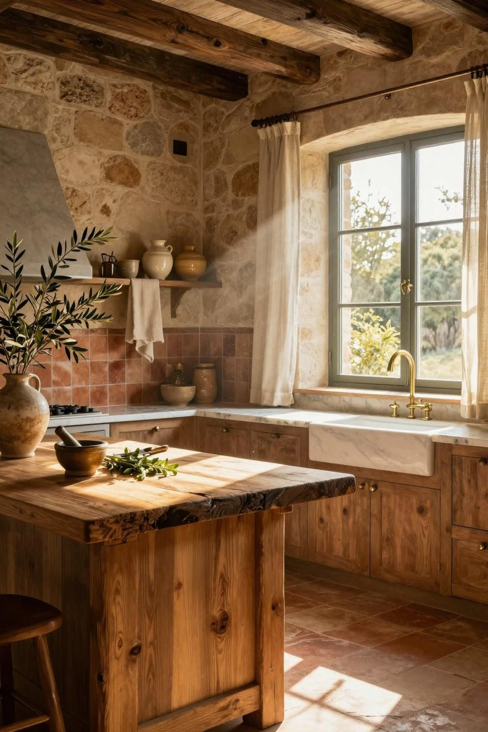 Earthy Kitchen mixing reclaimed oak with cool marble surfaces