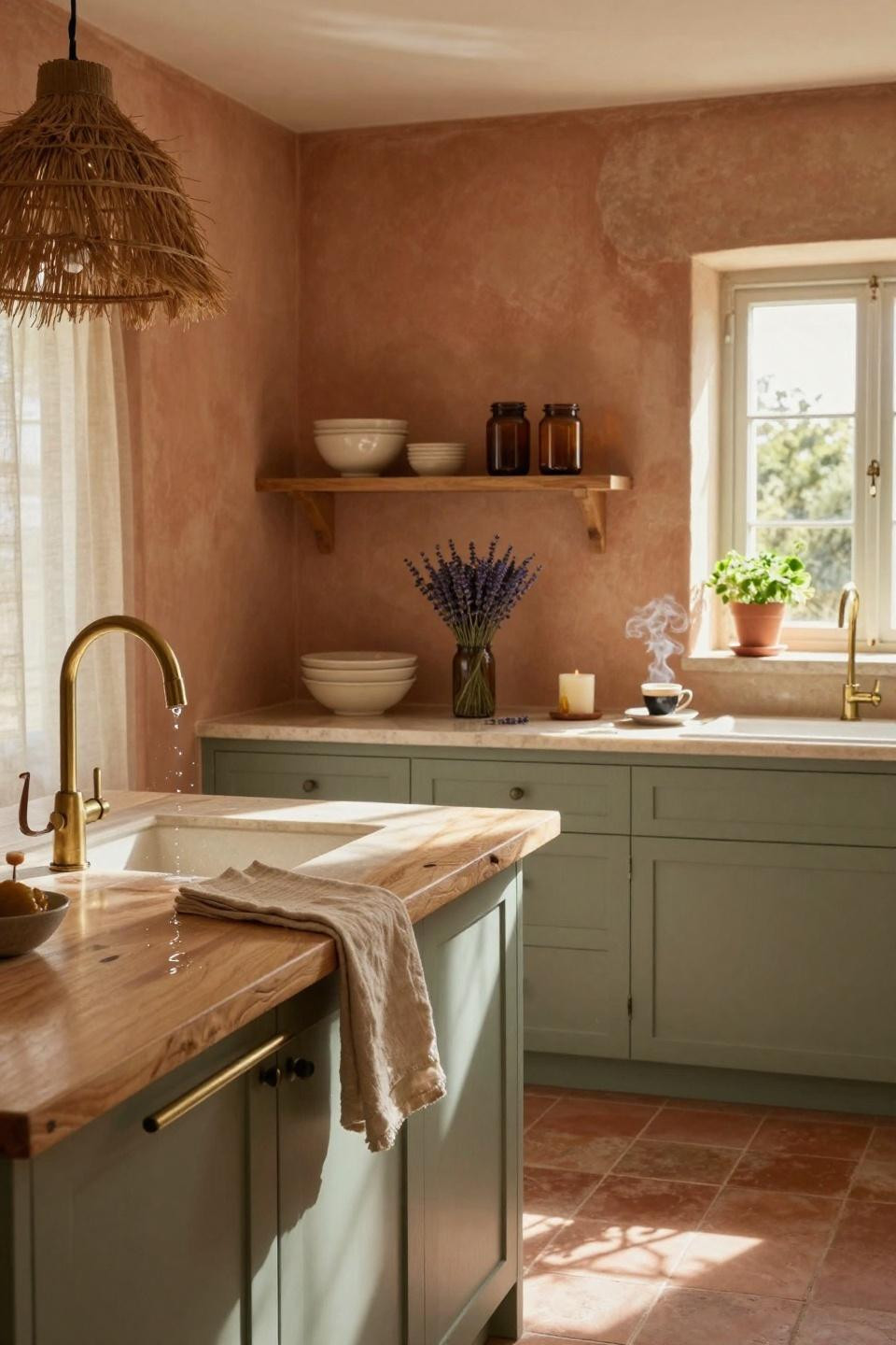 Earthy Kitchen featuring honed limestone island and sage cabinets