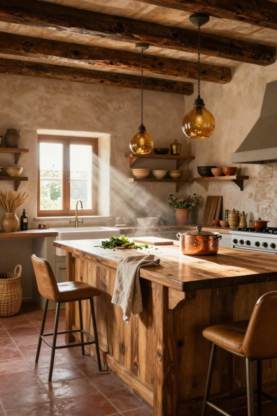 Earthy Kitchen with walnut countertops and dramatic lighting