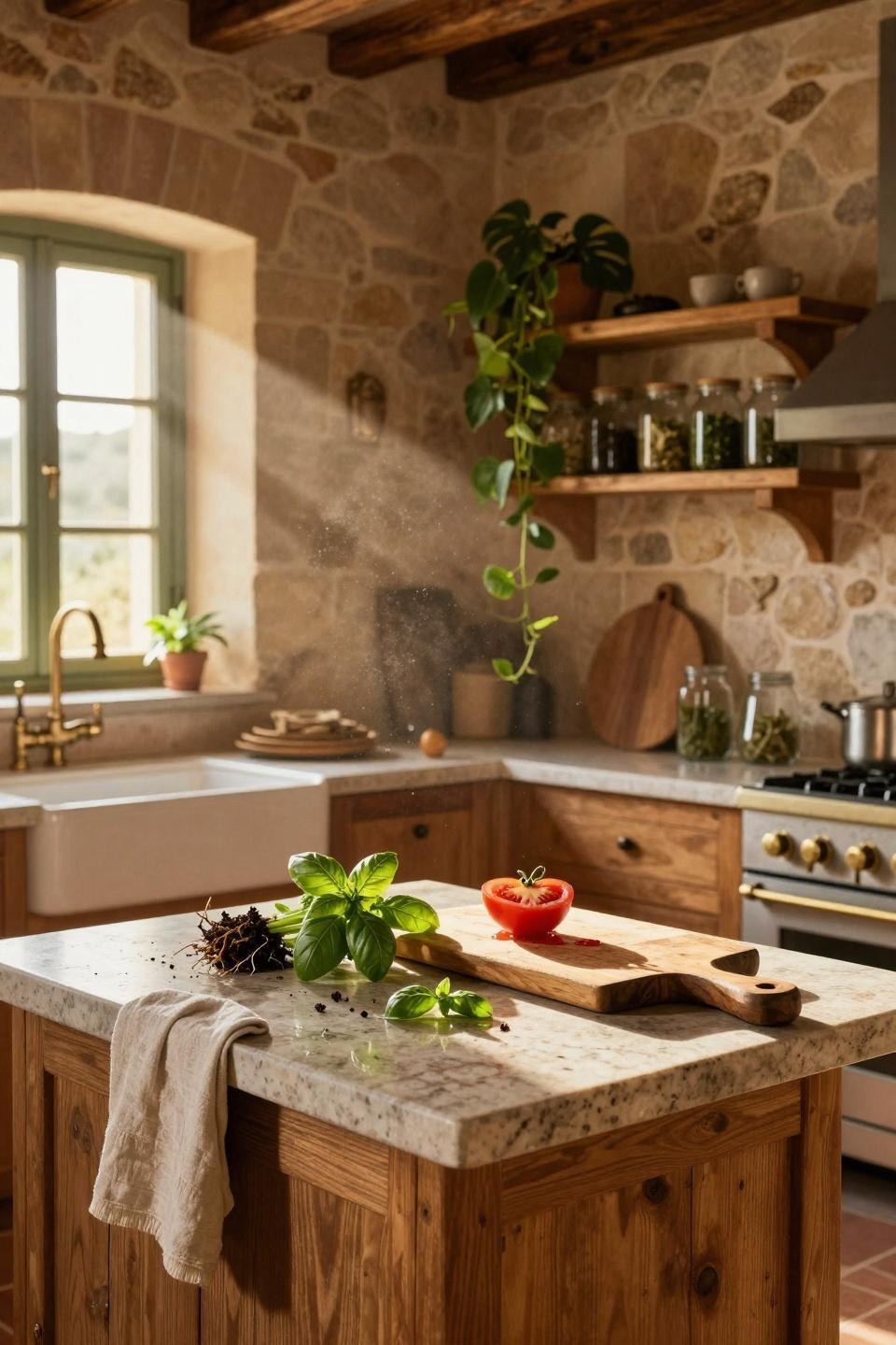 Earthy Kitchen featuring reclaimed oak shelving and greenery