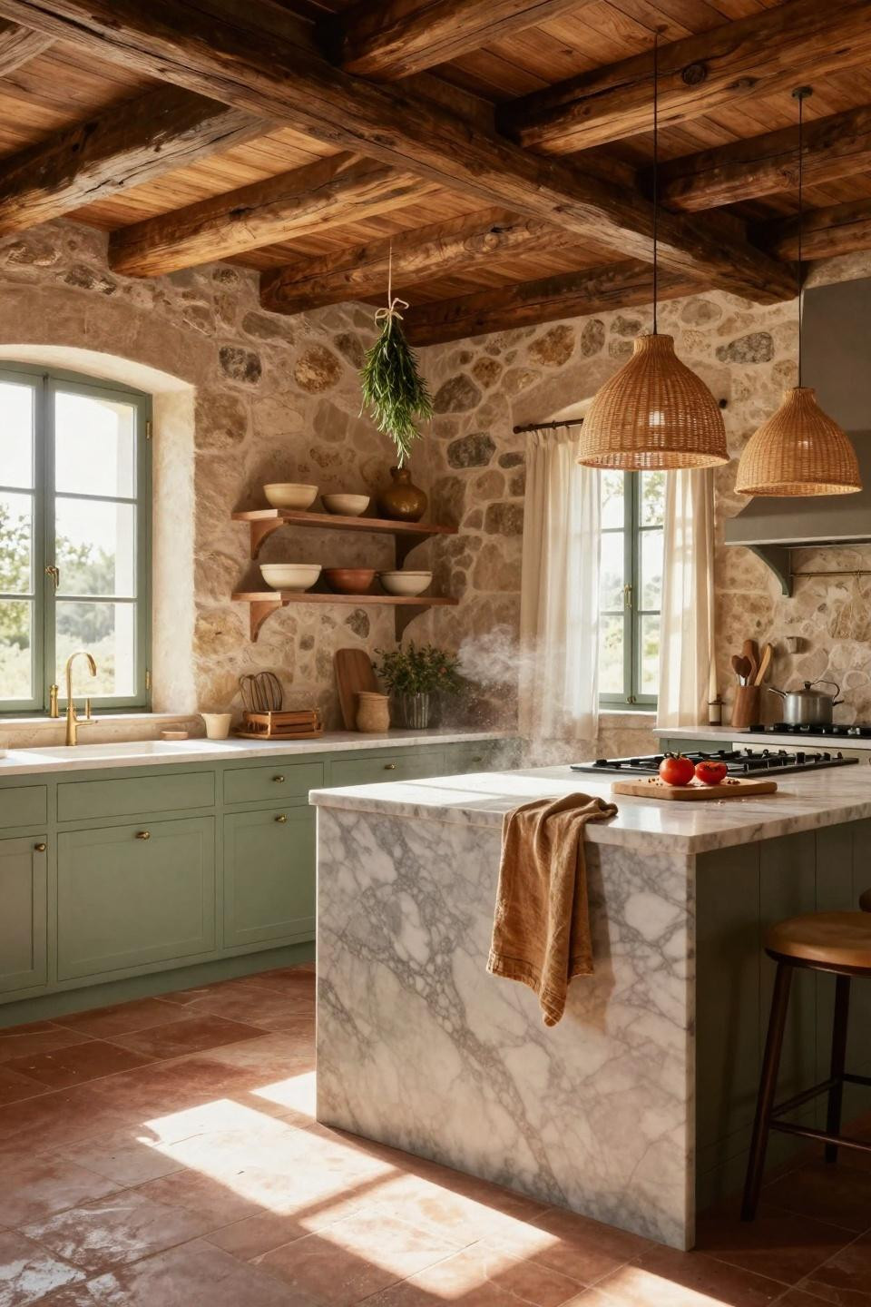 Earthy Kitchen with dramatic ceiling height and natural materials