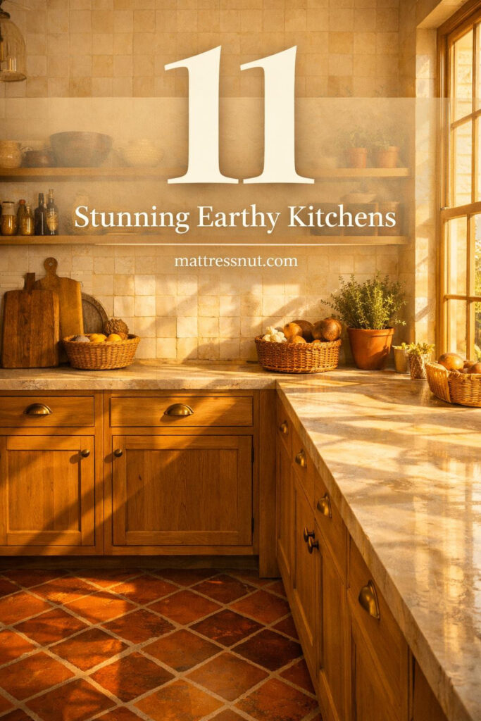 Warm kitchen interior featuring terracotta floor tiles paired with honey-toned wooden cabinets and natural sunlight