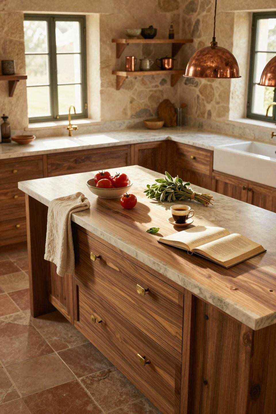 Earthy Kitchen with hand-carved walnut island from above