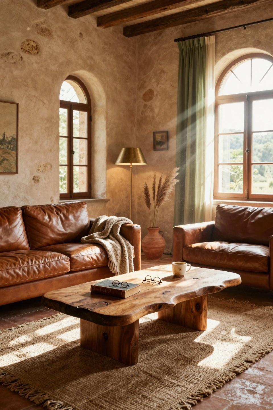 Earthy Living Room - expansive earthy living room with burl wood coffee table and vintage leather sofa