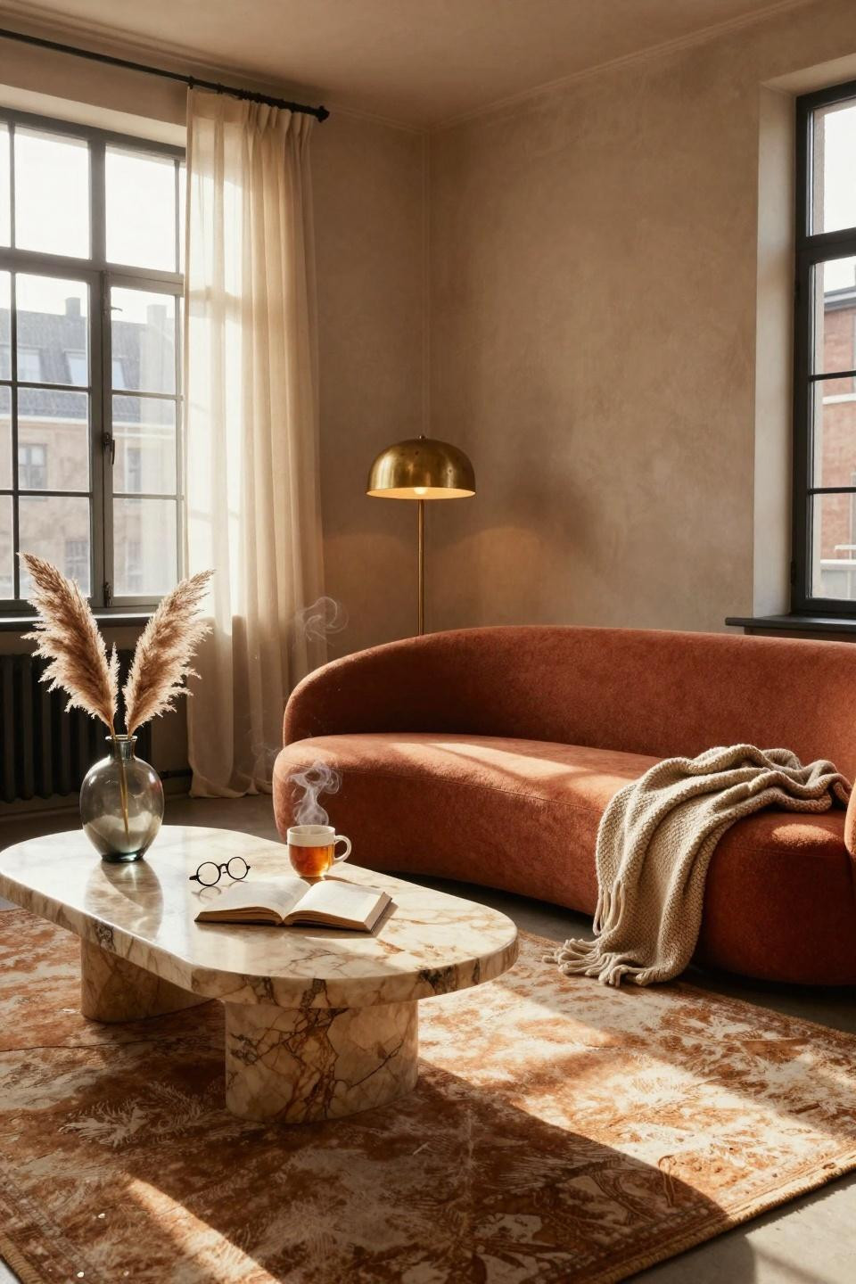 Earthy Living Room - organic modern living room with curved terracotta bouclé sofa and travertine table
