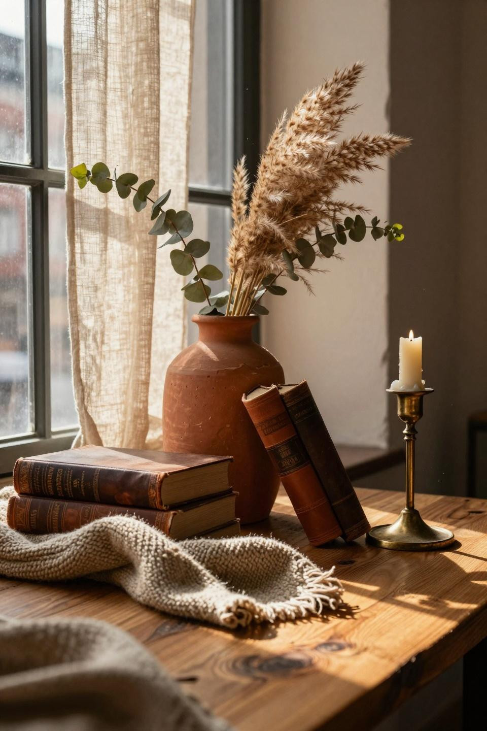 Earthy Living Room - closeup of layered home decor vignette with terracotta vase and dried pampas
