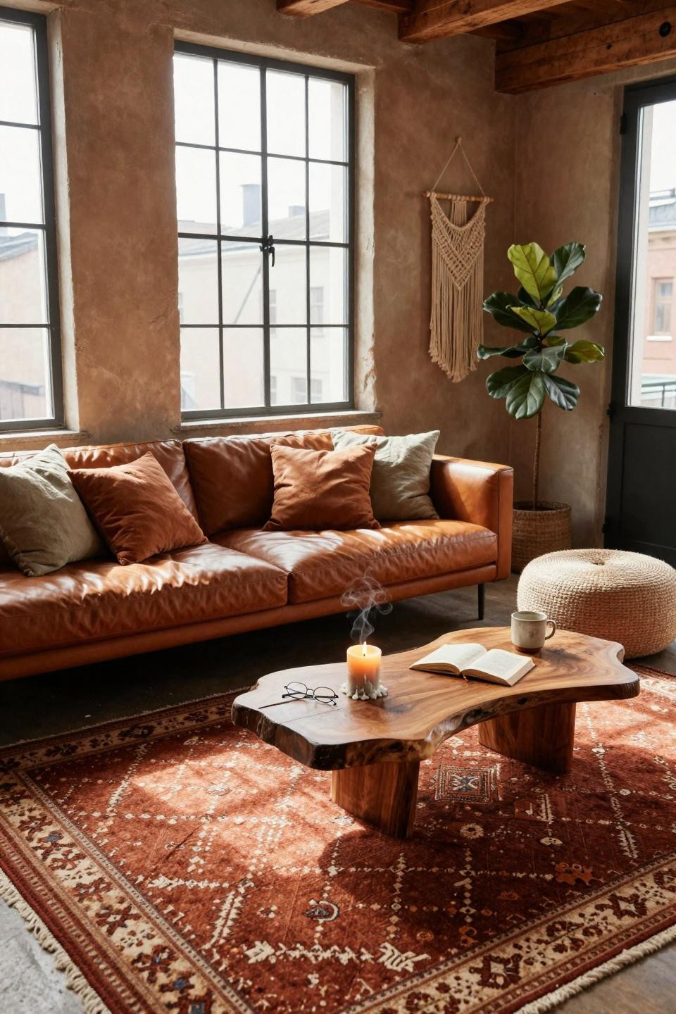 Earthy Living Room - cozy boho living room with Moroccan wool rug and cognac leather daybed