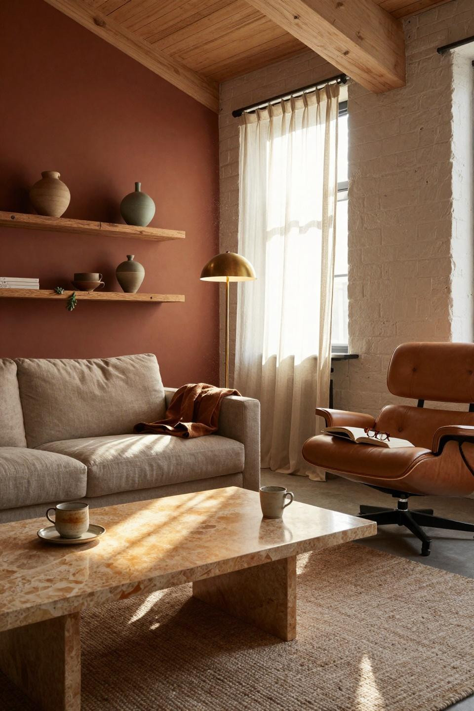 Earthy Living Room - organic modern living room with travertine coffee table and oatmeal linen sofa